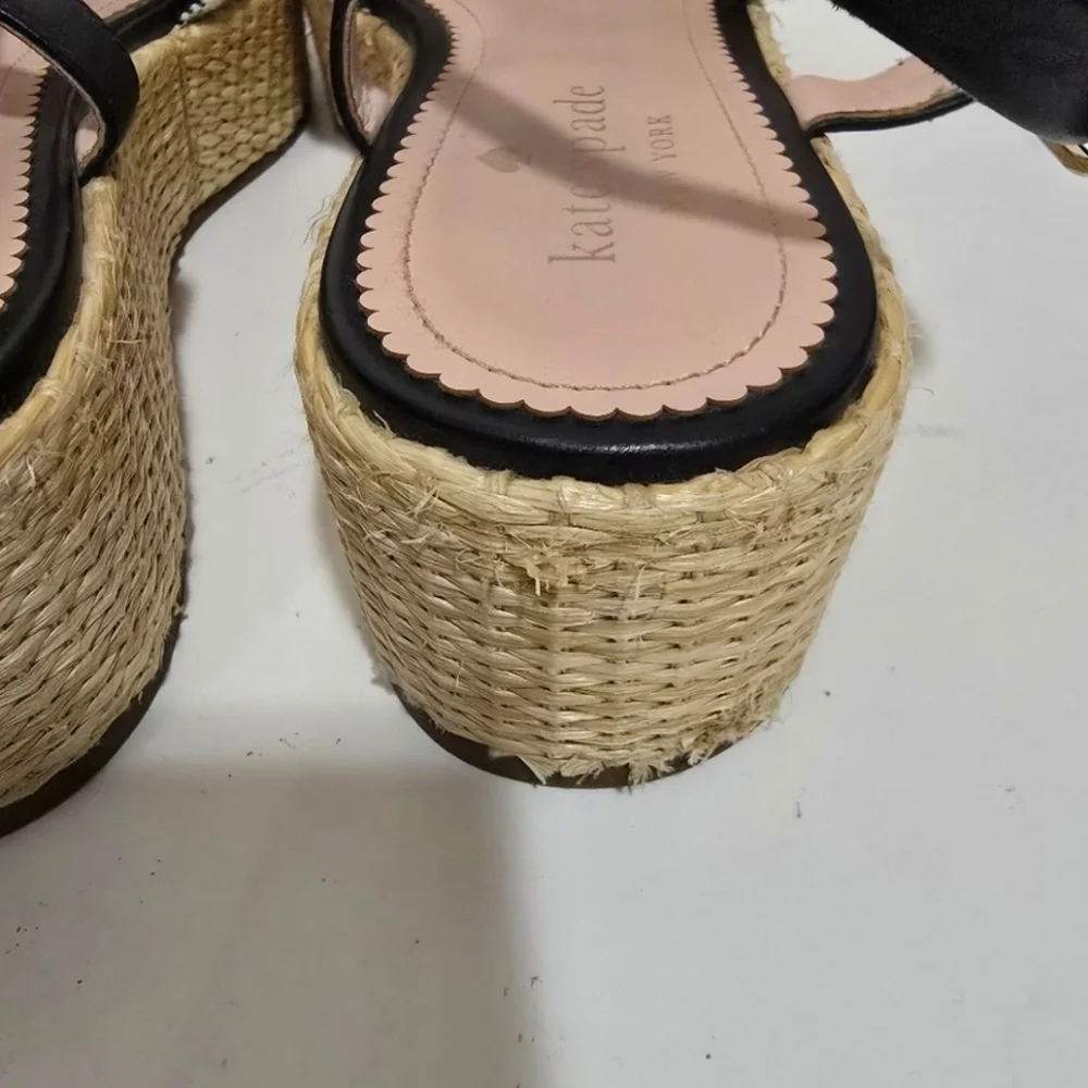 Kate Spade Black White Brown Plaid Bow Front Espadrille wedge sandals
